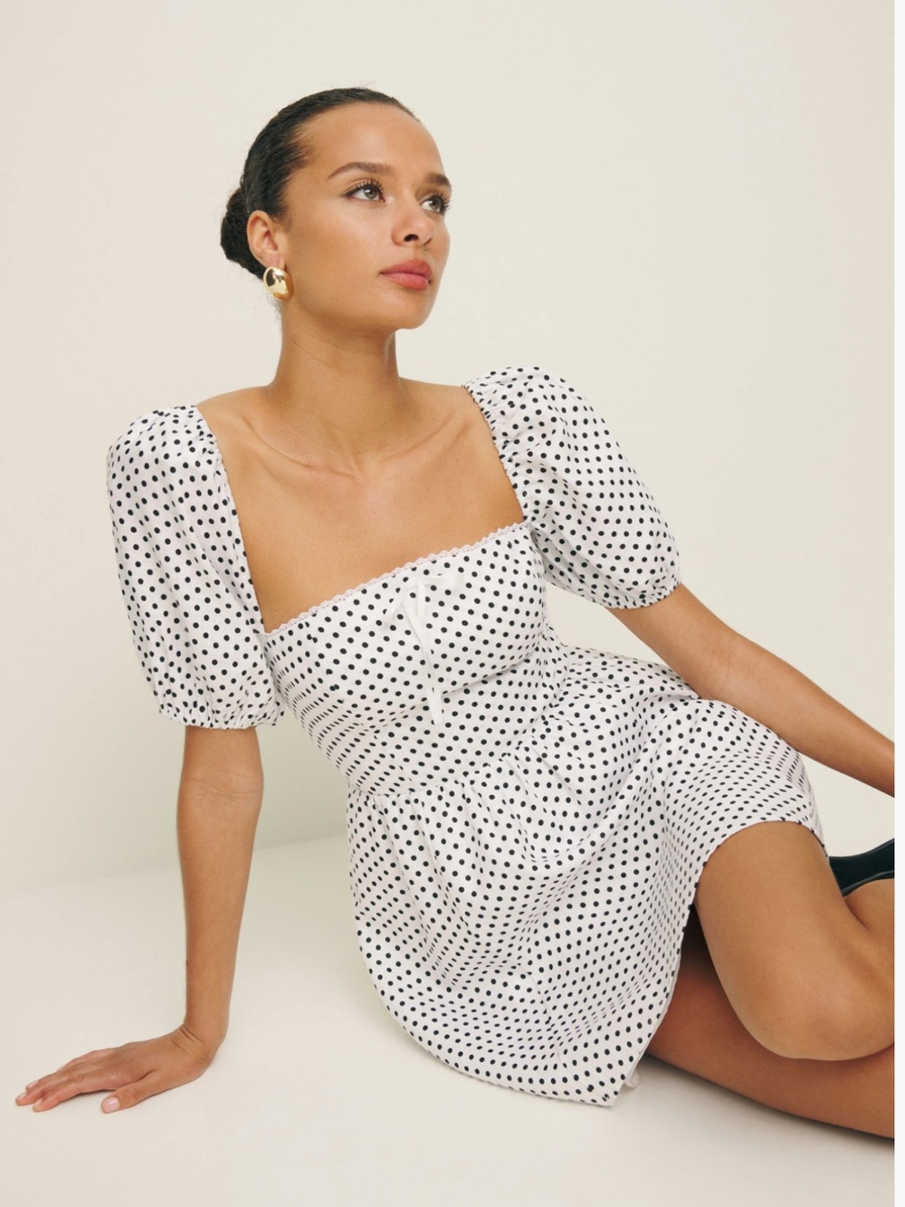 Reformation White & Black Polka Dot Puff Sleeve Mini Dress